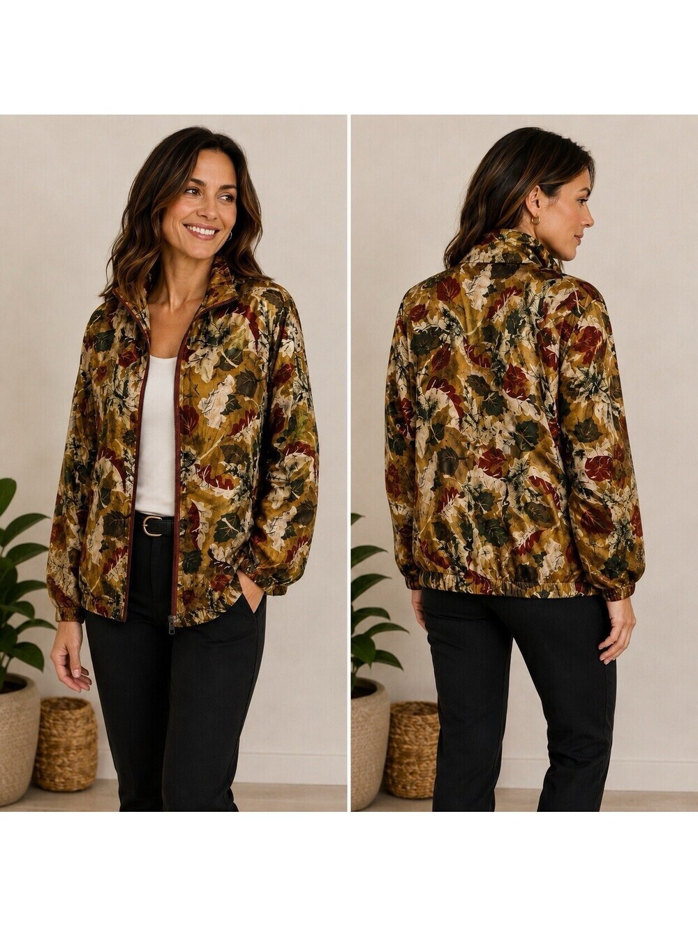 Studio Sportif Vintage 100% Silk Satin Bomber Jacket Women’s Medium Leaf Print